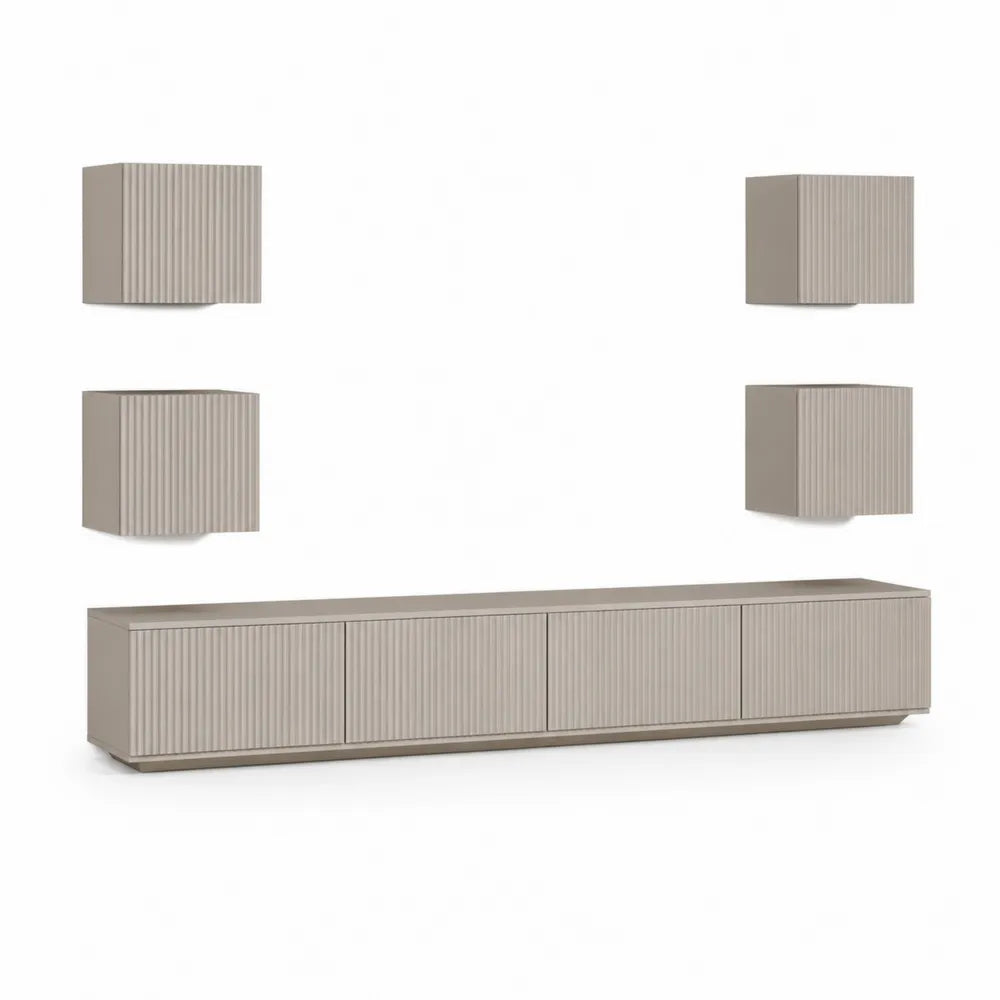 Meuble TV mural avec modules suspendus MDF mélaminé beige 240 cm 40 cm 50 cm 4 cubes