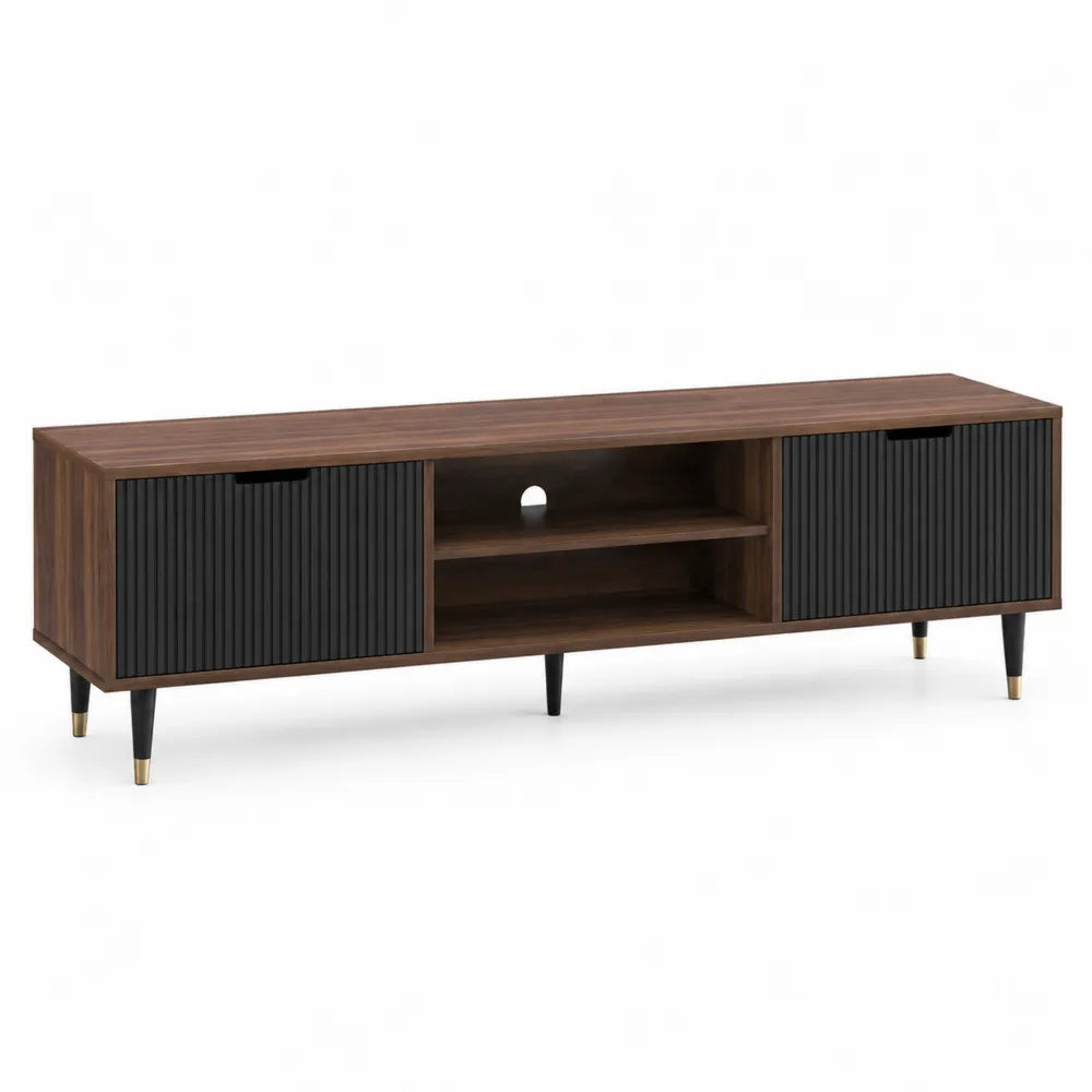 Meuble TV bas rangement MDF mélaminé noyer noir doré 180 cm 40 cm 50 cm portes rainurées