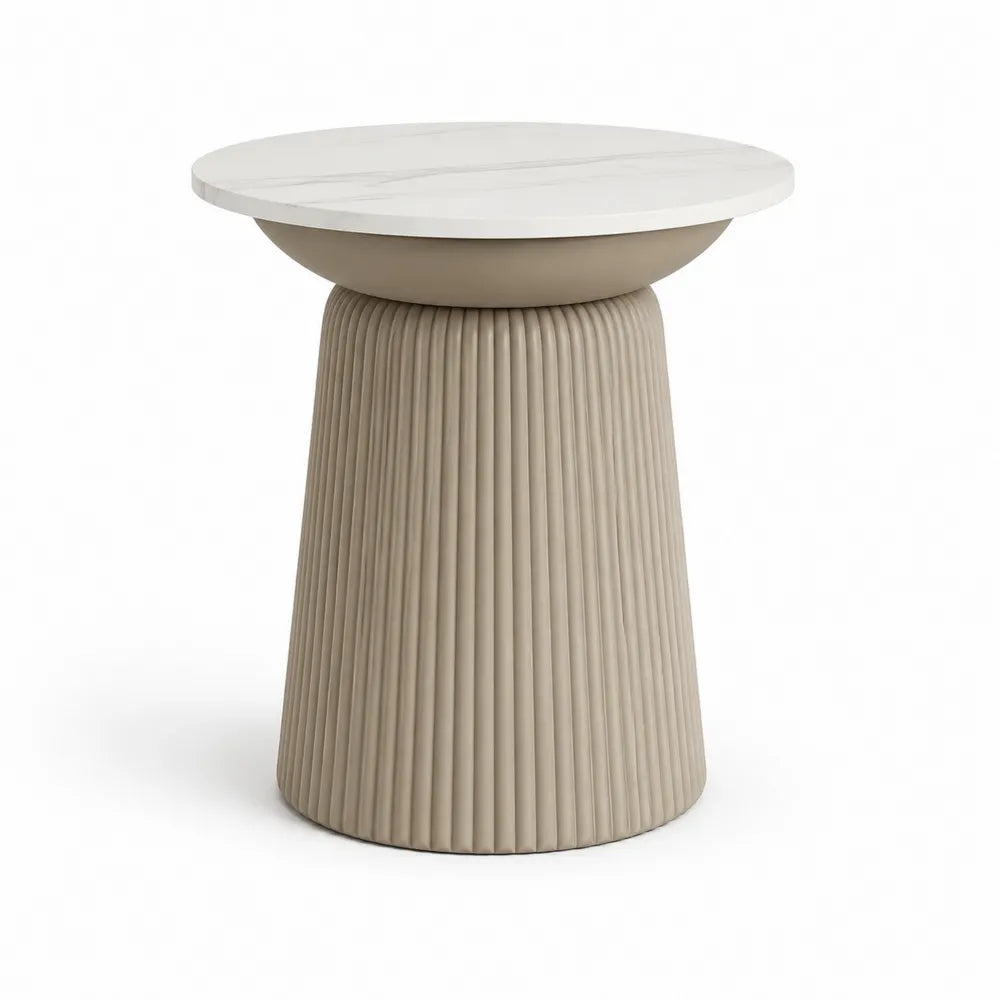 Table d’appoint ronde 45 cm x 50 cm plateau effet marbre blanc et base cylindrique striée beige MDF
