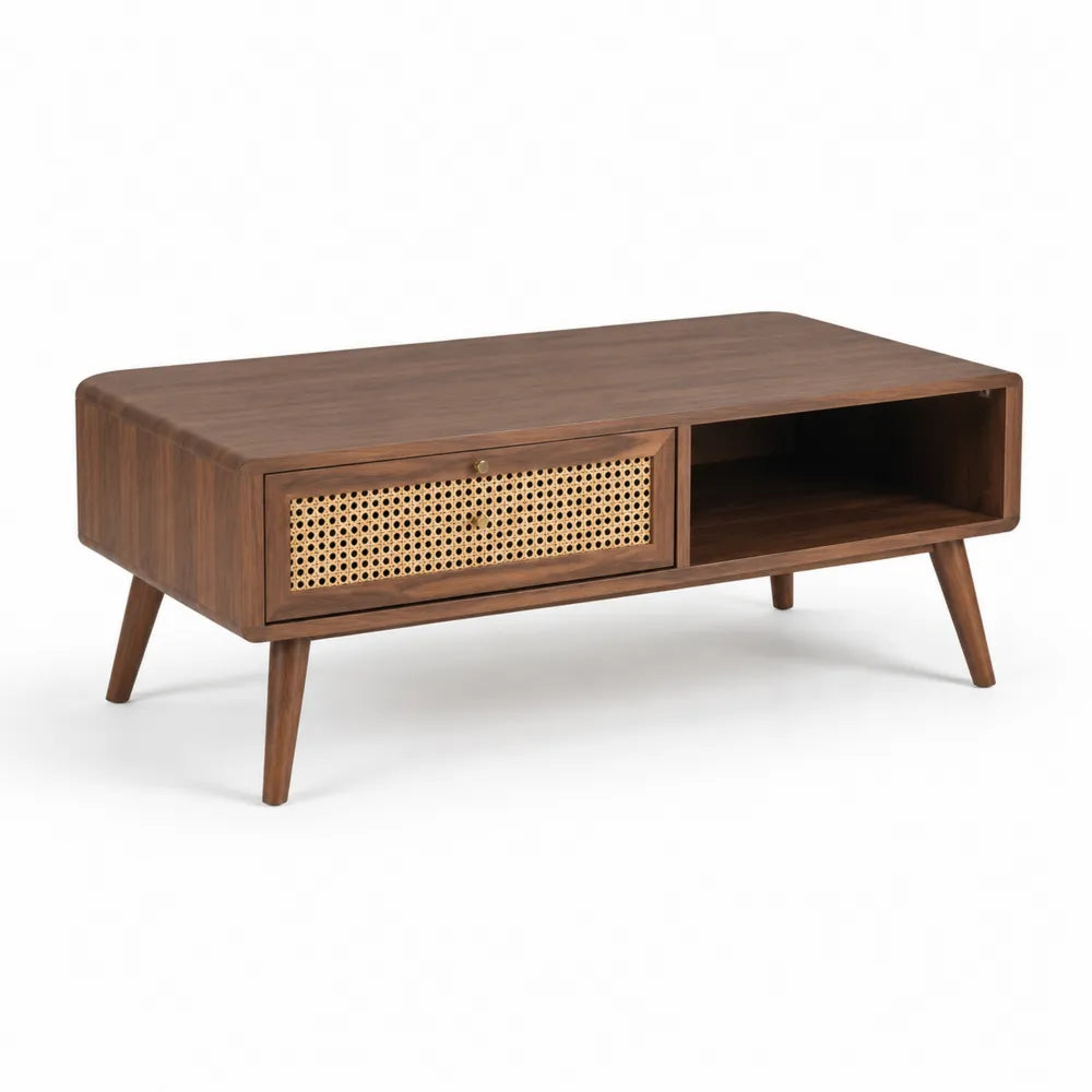 Table basse rectangulaire 110 cm 55 cm 45 cm MDF placage noyer tiroir cannage rotin niche ouverte pieds bois