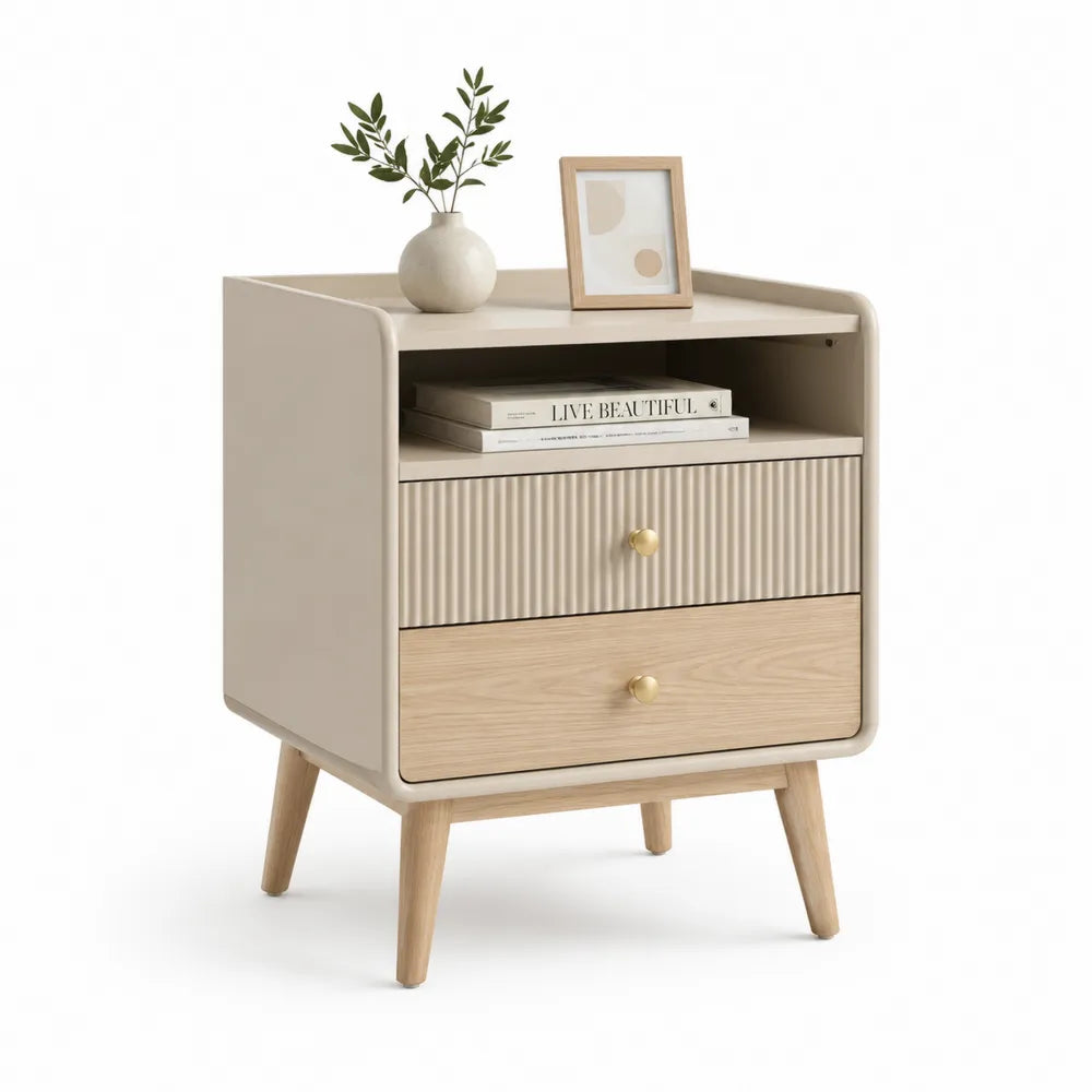 table de chevet 50 x 40 x 55 cm MDF placage chêne beige tiroirs double niche étagère bois massif pieds forme rectangulaire