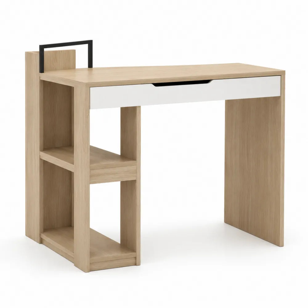 Bureau avec étagères latérales et tiroir central 120 cm 50 cm 75 cm panneau mélaminé décor chêne clair blanc forme rectangulaire