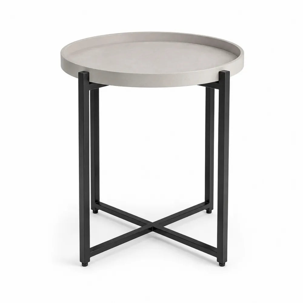 Table d’appoint ronde 45 cm 45 cm 50 cm MDF mélaminé effet béton gris structure métal noir plateau à rebord
