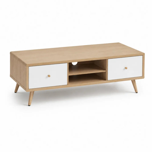 Table basse rectangulaire 120 cm x 60 cm x 42 cm avec 2 tiroirs et niches ouvertes panneaux de particules décor chêne clair MDF blanc et bois d hévéa
