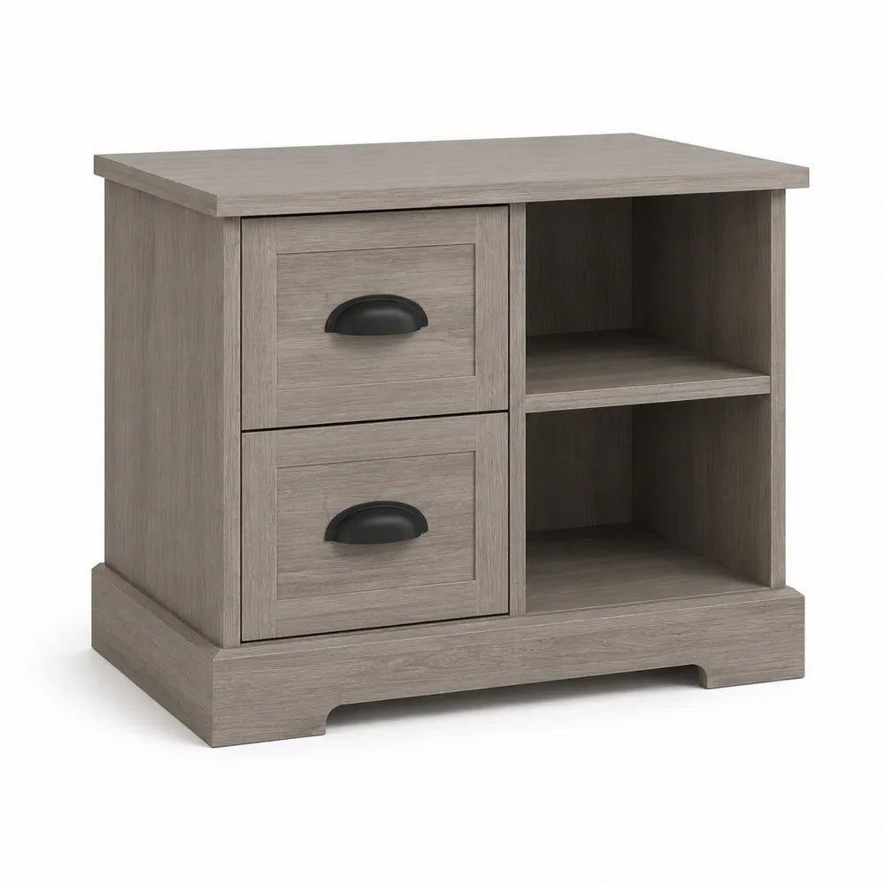 Table de chevet 80 cm x 40 cm x 60 cm bois décor chêne gris panneaux de particules MDF avec deux tiroirs et niches ouvertes gris