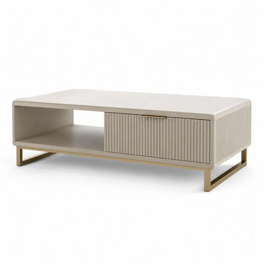 Table basse rectangulaire 120 cm 60 cm 45 cm MDF mélaminé beige structure métal doré tiroir façade striée étagère ouverte