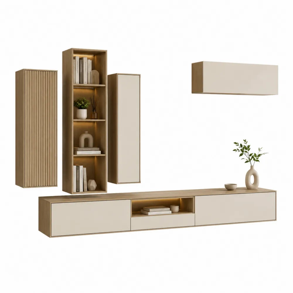 Ensemble meuble TV mural 5 pièces 300 cm x 42 cm x 190 cm décor chêne clair et beige bois MDF panneaux de particules avec rangements LED