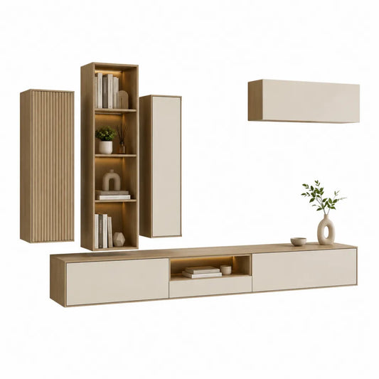 Ensemble meuble TV mural 5 pièces 300 cm x 42 cm x 190 cm décor chêne clair et beige bois MDF panneaux de particules avec rangements LED