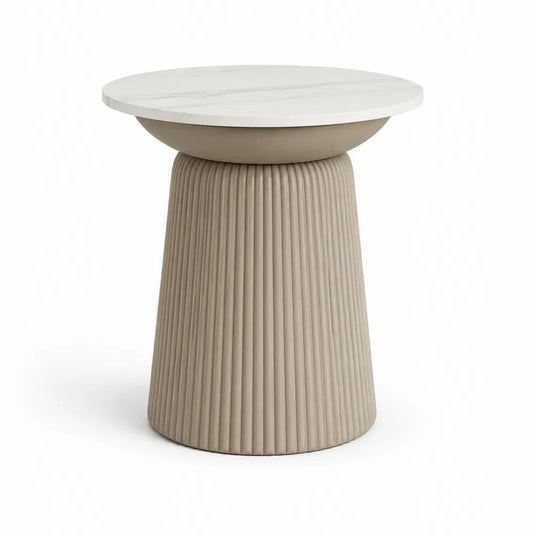 Table d’appoint ronde 45 cm x 50 cm plateau effet marbre blanc et base cylindrique striée beige MDF
