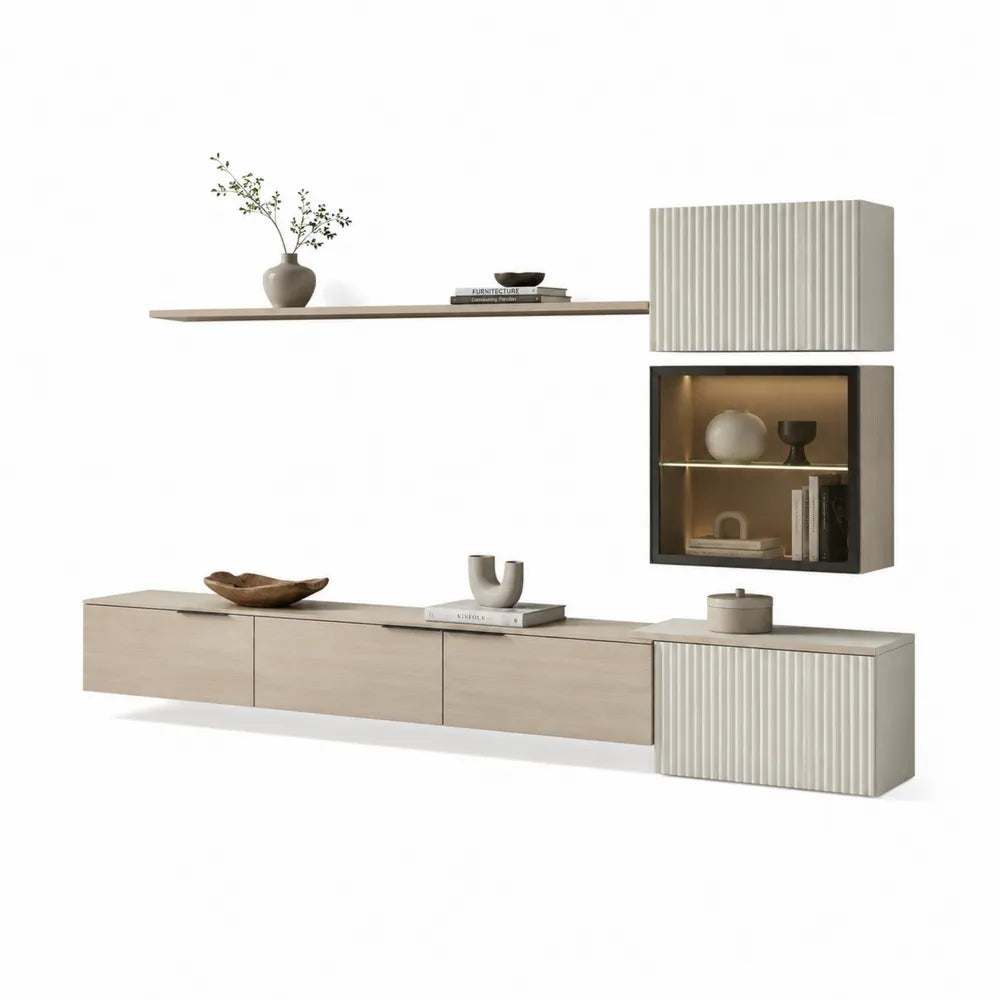 Meuble TV mural modulable MDF mélaminé noyer beige blanc 240 cm 40 cm 50 cm avec étagère murale et module suspendu