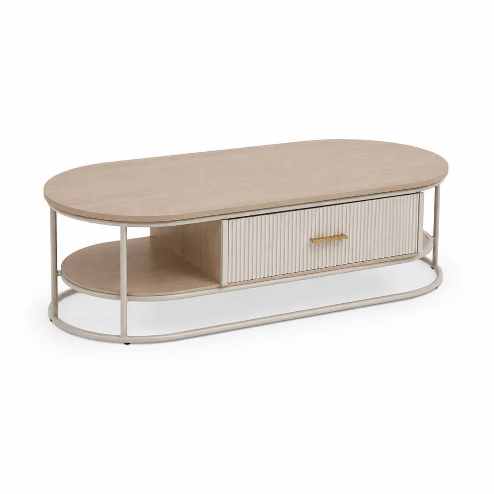 Table basse ovale 120 cm 60 cm 40 cm MDF mélaminé chêne clair métal blanc tiroir façade striée doré