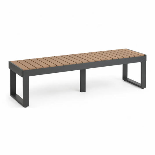 Banc de jardin rectangulaire 150 x 35 x 45 cm structure acier thermolaqué noir assise lattes bois massif finition bois naturel forme droite