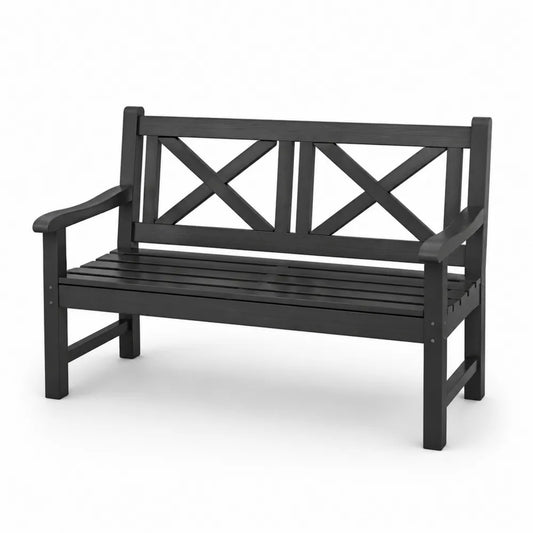 Banc de jardin 2 places 120 cm 55 cm 85 cm bois massif peint noir dossier croix accoudoirs structure extérieure