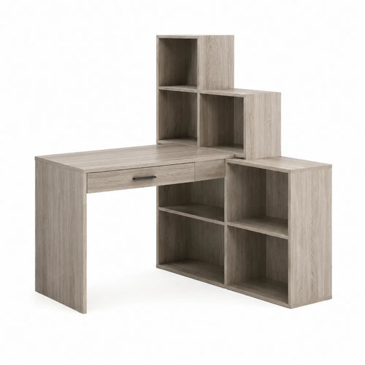 Bureau en L avec étagères intégrées 140 cm 120 cm 75 cm panneau mélaminé décor chêne clair forme rectangulaire