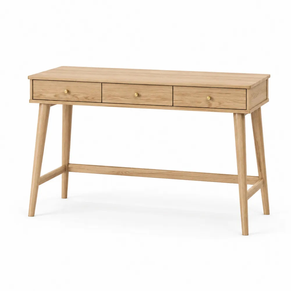 Bureau console 120 x 45 x 76 cm bois chêne clair avec 3 tiroirs pieds en bois de frêne naturel poignées bouton finition laiton