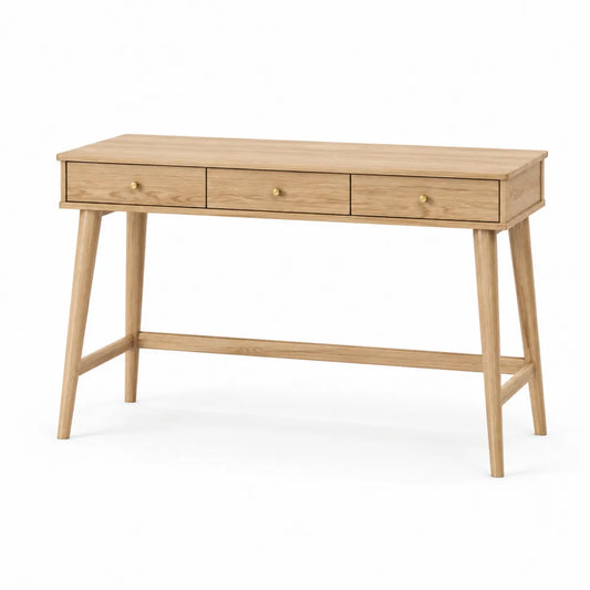 Bureau console 120 x 45 x 76 cm bois chêne clair avec 3 tiroirs pieds en bois de frêne naturel poignées bouton finition laiton