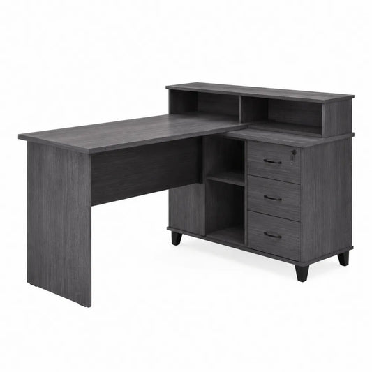 Bureau d angle avec étagères intégrées et caisson 3 tiroirs 150 cm 120 cm 92 cm panneau mélaminé décor chêne gris forme rectangulaire
