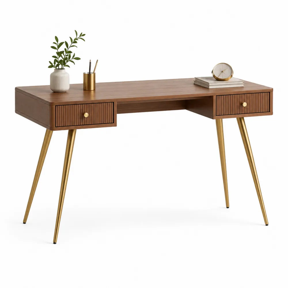 Bureau rectangulaire 140 x 60 x 75 cm en panneaux de particules finition chêne avec tiroirs intégrés pieds en métal doré
