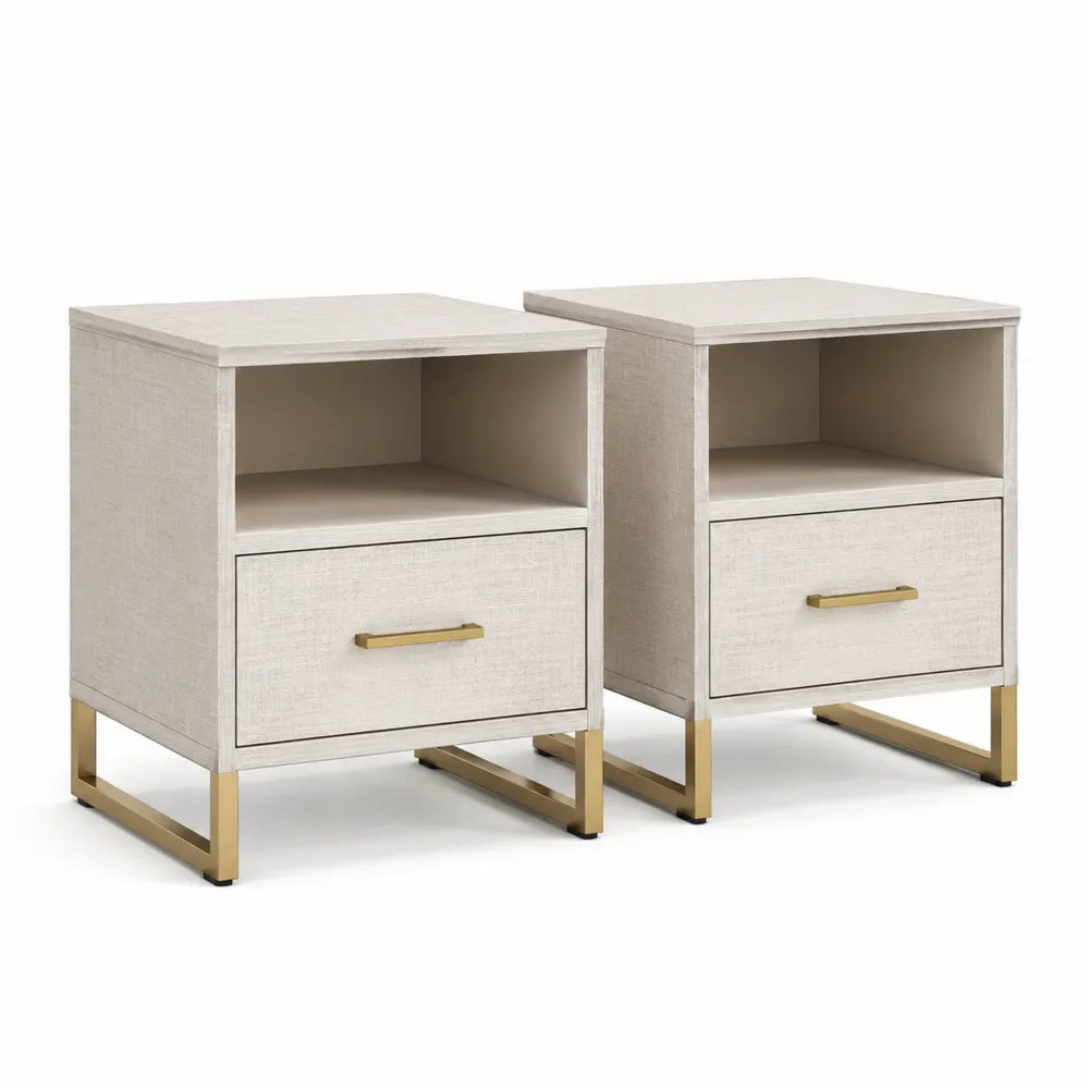 table de chevet lot de 2 50 x 40 x 55 cm MDF tissu polyester beige niche ouverte tiroir structure acier finition dorée forme rectangulaire