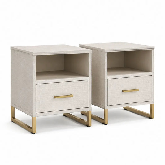 table de chevet lot de 2 50 x 40 x 55 cm MDF tissu polyester beige niche ouverte tiroir structure acier finition dorée forme rectangulaire