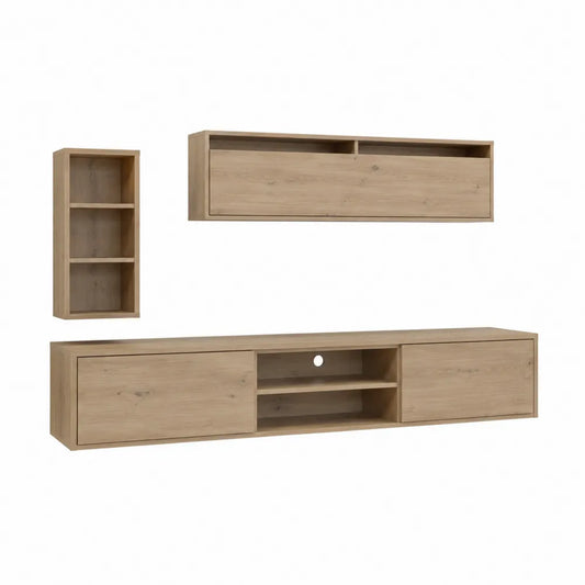 Ensemble meuble TV mural 3 pièces 180 cm x 40 cm x 45 cm bois clair MDF avec étagère murale et rangement vertical