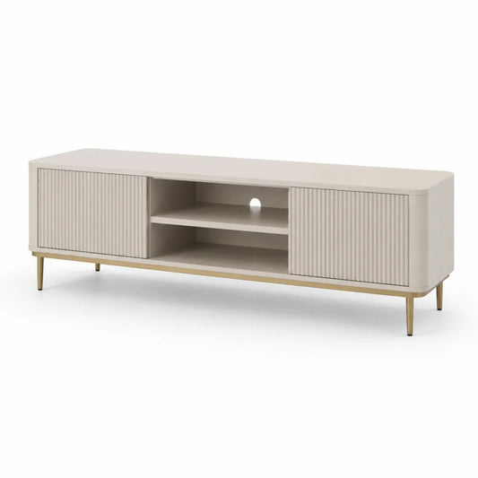 Meuble TV bas 200 cm 40 cm 50 cm MDF mélaminé beige portes rainurées pieds métal doré