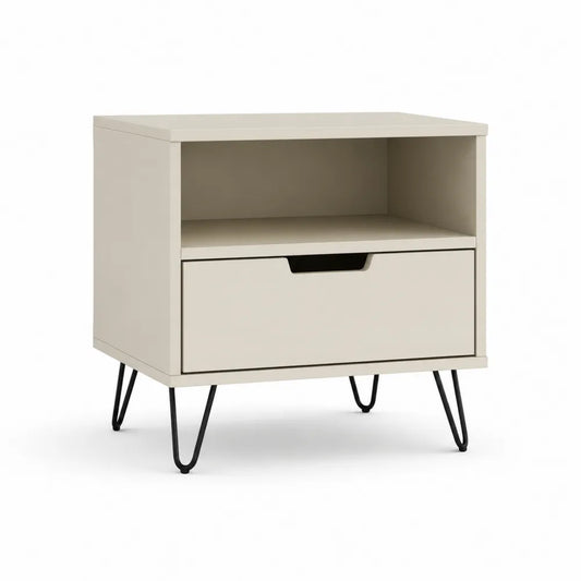 Table de chevet 45 x 40 x 55 cm niche ouverte 1 tiroir MDF beige pieds épingle en acier noir